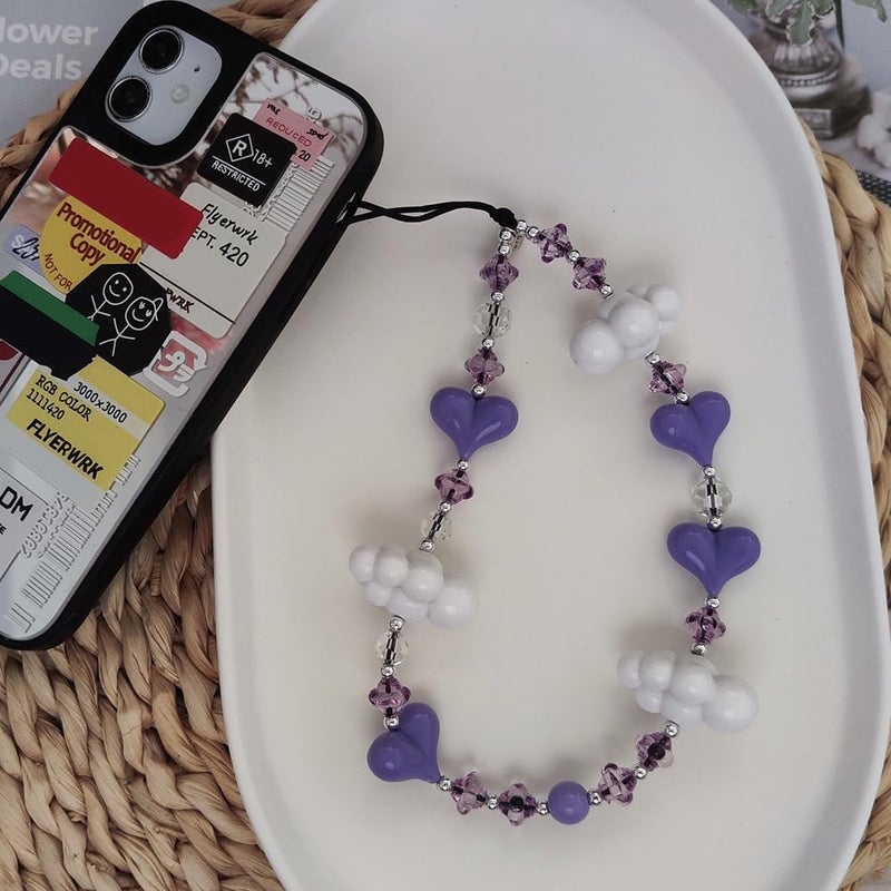 WCCH Beaded Phone Charm Y2K Kawaii Handmade Acrylic Phone Lanyard Wrist Strap for Camera Bag Airpods Keychain Charm Purple Heart with White Clouds - Image 5
